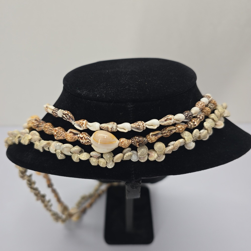 Vintage Natural Puka Cowrie Shell Necklace Set 3 Piece Long Layering Beachy Boho - Picture 3 of 5